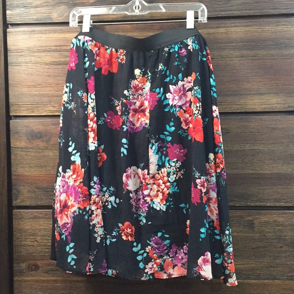 3X A-Line Flowy Skirt with Black Floral Print